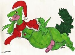 1boy 2016 anthro christmas furry licking_lips male male_only necklace nelsonnoir no_humans penis pokemon pokemon_(species) pokemon_rse santa_hat scalie scar_across_eye scarf sceptile solo traditional_media traditional_media_(artwork) yellow_eyes