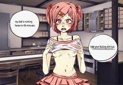 1girls asking_for_it belly_button blush blushing_at_viewer breasts collarbone crunchy_(artist) ddlc_background dialogue dialogue_bubble doki_doki_literature_club english_text female frilled_skirt frilly_skirt midriff natsuki_(doki_doki_literature_club) navel nipples panties pink_eyes pink_hair pink_skirt shirt_lift skirt small_breasts solo solo_female speech_bubble sweat text