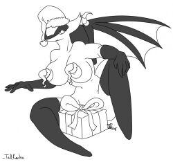 anthro anthrofied christmas christmas_present female gloves large_breasts latias monochrome nelsonnoir pokemon pokemon_(species) pokemon_rse present santa_hat solo tassel thighhighs wings