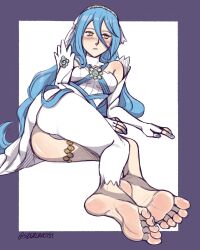 ass azura_(fire_emblem) blue_hair feet fire_emblem fire_emblem_fates frown laying_on_side long_hair nintendo szeroart thighs yellow_eyes