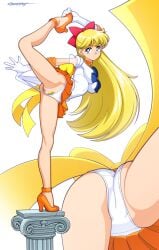 1girls absurd_res artist_signature back_bow bishoujo_senshi_sailor_moon blonde_hair blue_eyes bow clothing earrings elbow_gloves erotibot female female_only hair_ribbon hi_res long_hair magical_girl medium_breasts minako_aino one_leg_up panties panties_aside panty_pull pinup pubic_hair pussy sailor_collar sailor_senshi_uniform sailor_venus self_exposure signature skirt solo tiara upskirt