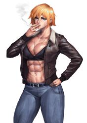 1girls abs big_breasts bra cigarette jacket_open muscular muscular_female scars smoking virgoart1509