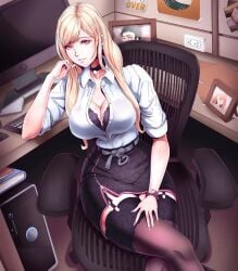 1girls aged_up big_breasts blonde_hair bra choker computer crossed_legs female female_only gyaru kitagawa_marin light-skinned_female long_fingernails looking_at_viewer office solo sono_bisque_doll_wa_koi_wo_suru spiritdraws stockings thick_thighs thighhighs thighs