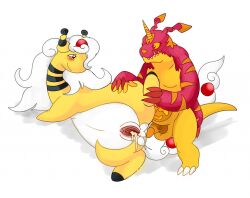 2016 ampharos anal anthro crossover digimon furry gabumon horn horns mega_ampharos nelsonnoir nintendo pokemon pokemon_(species) pokemon_gsc pokemon_xy pussy smile spread_pussy tail white_hair