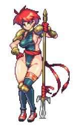 breasts camille_(suikoden) gensou_suikoden gensou_suikoden_i hips huge_breasts lance large_breasts leotard pixel_art polearm red_hair short_hair sideboob sideless_outfit spear suikoden suikoden_i tagme thick_thighs thighs trident weapon wide_hips yumura_kino yumurama