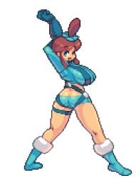 alternate_breast_size ass ass_cleavage breasts butt_crack female huge_breasts large_breasts lowres nintendo one_eye_closed open_mouth pixel_art pokemon pokemon_(game) pokemon_bw short_shorts shorts skyla_(pokemon) solo thighs transparent_background wink yumura_kino yumurama