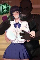 1boy 1girls blackmail button_down_shirt button_gap caught_cheating crying dark-skinned_male dark_skin discomfort groping groping_breasts groping_from_behind interracial lewdgatta netorare original phone phone_screen ryouka_eunomoto school_uniform secretly_loves_it steamy_breath summer_shattering