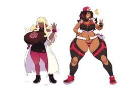 2girls amber_(carmessi) ass_visible_through_thighs ass_vs_breasts blonde_hair bottom_heavy breast_size_difference butt_size_difference carmessi chaps cleavage dark-skinned_female earrings edit gala huge_ass huge_breasts hyper hyper_ass hyper_breasts lipstick looking_at_viewer milf multiple_girls parody peace_sign pokemon slutty_outfit squish thigh_squish thong top_heavy wide_hips wink winking_at_viewer