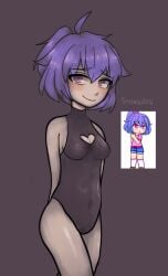 belly_button big_thighs cute default_girl gacha_club gacha_life normal_breasts pink_eyes purple_hair shy_smile tight_clothing