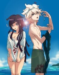 1boy bikini bikini_bottom blush breasts covering_breasts danganronpa danganronpa_2:_goodbye_despair dosugon embarrassed large_breasts nagito_komaeda naked_shirt straight straight_hair tsumiki_mikan wardrobe_malfunction