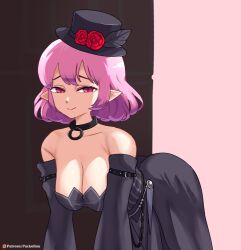 bent_over breasts cleavage collar detached_sleeves hat looking_at_viewer lucid_(maplestory) maplestory pack_of_inu pink_hair pointy_ears red_eyes short_hair tagme