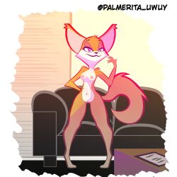 breasts couch female fox fur furniture furry furry_only hi_res naked nipples nude orange_fur palmerita_uwuy pink_eyes pussy solo standing tail thigh_gap white_fur wide_hips