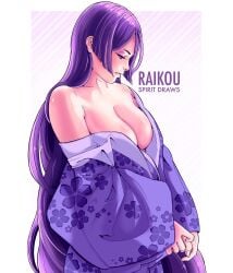 1girls big_breasts cleavage fate/grand_order fate_(series) female female_only hime_cut kimono light-skinned_female minamoto_no_raikou_(fate/grand_order) purple_hair solo spiritdraws