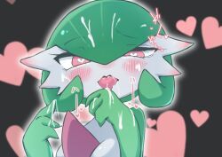 <3_eyes anthro blush bodily_fluids breasts cum cum_on_face cum_on_hand female gardevoir genital_fluids green_body green_hair hair heart hi_res japanese_text looking_at_viewer m3_(pixiv) medium_breasts nintendo pokémon_(species) pokemon pokemon_(species) red_eyes solo text tongue tongue_out video_games white_body