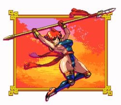 breasts camille_(suikoden) gensou_suikoden gensou_suikoden_i hips huge_breasts lance large_breasts leotard pixel_art polearm red_hair short_hair sideboob sideless_outfit spear suikoden suikoden_i tagme thick_thighs thighs trident weapon wide_hips yumura_kino yumurama