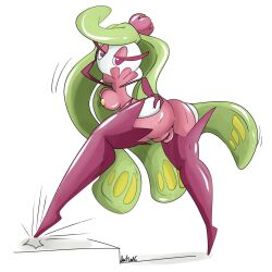 anthro ass female green_hair large_breasts long_hair nelsonnoir pink_eyes pokemon pokemon_sm pussy solo thighhighs tsareena