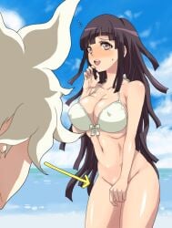 1boy bikini bikini_top blush bottomless covering_crotch danganronpa danganronpa_2:_goodbye_despair dosugon embarrassed embarrassed_nude_female female nagito_komaeda nude straight_hair tsumiki_mikan wardrobe_malfunction