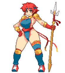 breasts camille_(suikoden) gensou_suikoden gensou_suikoden_i hips huge_breasts lance large_breasts leotard pixel_art polearm red_hair short_hair sideboob sideless_outfit spear suikoden suikoden_i tagme thick_thighs thighs trident weapon wide_hips yumura_kino yumurama