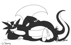 balls claws dragon grin le_skarmory_(artist) lying lying_on_side male monochrome nelsonnoir pokemon pokemon_rse salamence scalie solo tail uncut