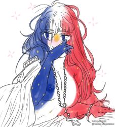 anthro blanket breasts breasts_out countryhumans countryhumans_girl cross_necklace female female_only french_empire french_empire_(countryhumans) hair long_hair nipples rodenn_mmdisimo solo solo_female