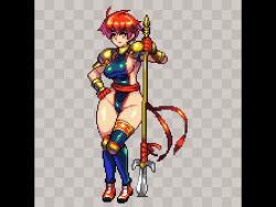 breasts camille_(suikoden) gensou_suikoden gensou_suikoden_i hips huge_breasts lance large_breasts leotard pixel_art polearm red_hair short_hair sideboob sideless_outfit spear suikoden suikoden_i tagme thick_thighs thighs trident weapon wide_hips yumura_kino yumurama