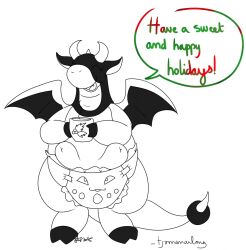 chikorita christmas closed_eyes cup diaper dragonite drink english_text fusion hooves miltank monochrome mug nelsonnoir open_mouth pokemon pokemon_(species) pokemon_gsc pokemon_rgby udders wings