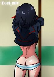 absurdres ass ass_cleavage black_hair breasts butt_crack canon_panties canonical_scene cool-guy cool_guy female highres kill_la_kill large_breasts matoi_ryuuko meme panties redraw ryuko_redraw_(meme) ryukoredraw shimapan simple_background solo thighs underwear undressing