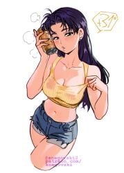 1girls beer beer_can blush brown_eyes cleavage clothed clothing cooling_off earrings female female_only large_breasts long_hair looking_at_viewer misato_katsuragi neon_genesis_evangelion purple_hair short_jeans shorts snegovski solo solo_female steam sweat sweatdrop sweating sweaty