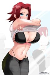 1girls _honeymark big_breasts blue_eyes bra breasts caught code_geass female kallen_stadtfeld red_eyes solo tagme undressing