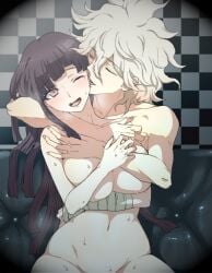 1boy breasts completely_nude completely_nude_female completely_nude_male covering_breasts danganronpa danganronpa_2:_goodbye_despair dosugon large_breasts nagito_komaeda straight straight_hair tsumiki_mikan