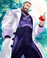 balls bara beard bodysuit bulge facial_hair game_freak gay hand_in_pocket labcoat looking_at_viewer looking_down male male_only muscles muscular nintendo npc_trainer oyatu55k penis pokeball pokemon pokemon_sv professor_turo solo solo_male winking