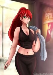 1girls female_only green_eyes high_ponytail long_hair massam.16 no_sex ponytail pyrrha_nikos red_hair rwby shiny_hair shiny_skin solo sportswear