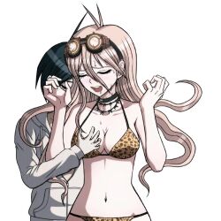 1boy 1girls 2022 bikini blush breast_grab danganronpa danganronpa_s:_ultimate_summer_camp danganronpa_v3 dark_blue_hair edit edited female goggles goggles_on_forehead iruma_miu leopard_print_bikini light_pink_hair male male/female new_danganronpa_v3 saihara_shuuichi seasoned-salami smooth_skin sprite sprite_art sprite_edit straight strawberry_blonde_hair sweat sweatdrop sweating tagme tiger_striped_bikini white_background