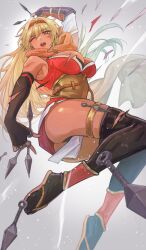 1girls absurdres alternate_costume ass bare_thighs black_footwear black_gloves black_panties blonde_hair breasts brown_cape cape cleavage commission dark-skinned_female dark_skin dress elbow_gloves eposhim female female_only fire_emblem fire_emblem:_the_binding_blade fire_emblem_heroes from_below gloves highres igrene_(fire_emblem) igrene_(ninja)_(fire_emblem) kunai kunoichi large_ass large_breasts long_hair mole mole_under_eye ninja nintendo non-web_source official_alternate_costume panties pantyshot red_dress short_dress skeb_commission solo thighs upskirt weapon yellow_eyes