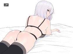 1girls ass black_bra black_legwear black_panties bra breasts cowboy_shot female girls'_frontline grin highres j_adsen large_breasts looking_at_viewer looking_back lying on_stomach panties purple_eyes rpk-16_(girls'_frontline) short_hair silver_hair smile solo thighhighs underwear underwear_only white_background