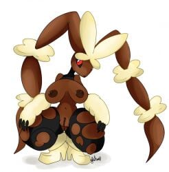 anthro black_sclera brown_fur crouching female furry heels large_breasts lopunny mega_lopunny nelsonnoir pokemon pokemon_(species) pokemon_dppt pokemon_xy red_eyes squatting thick_thighs