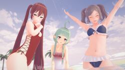 3d 3girls alternate_costume beach bikini blue_bikini blue_swimsuit breasts brown_eyes brown_hair cynthia_(fire_emblem) female female_only fire_emblem fire_emblem_awakening green_hair hips jollyoldsoldier koikatsu multiple_girls nah_(fire_emblem) nintendo ocean one-piece_swimsuit purple_eyes red_hair red_swimsuit severa_(fire_emblem) small_breasts smile twin_braids twintails very_long_hair water wet white_swimsuit