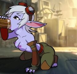 1boy 1girls 2d animal_ears animated big_penis breasts dark-skinned_male dark_skin divine_wine fellatio female gif goggles interspecies kneeling league_of_legends looking_at_another looking_up loop male male/female medium_breasts medium_hair nipples no_bra oral pants penis saliva_trail short_hair shortstack tagme topless tristana vampiranhya_(artist) video_games yordle