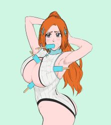 armpits ass_view bare_arms bare_hips bikini bleach blush boob_window fellatio hips inoue_orihime iwao178 paizuri paizuri_under_clothes popsicle popsicle_between_breasts popsicle_in_mouth skindentation slim_waist