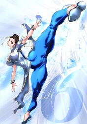 bracelet brown_hair capcom china_dress chinese_clothes chun-li chun-li_(street_fighter_6) double_bun dress eyeliner female female_focus fighting_stance full_body hair_bun hair_pulled_back high_kick jewelry kicking leg_lift makeup short_hair simple_background solo standing standing_on_one_leg street_fighter street_fighter_6 thick_thighs thighs tiptoes white_background yuri-ai