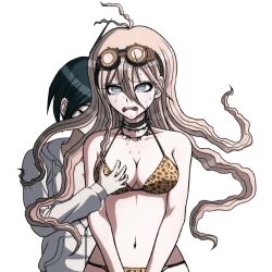 1boy 1girls ahoge bikini blouse blue_eyes breast_grab clothed danganronpa danganronpa_s:_ultimate_summer_camp danganronpa_v3 dark_blue_hair edit edited embarrassed embarrassed_clothed_female embarrassed_female female goggles goggles_on_forehead iruma_miu light-skinned_female light-skinned_male light_pink_hair male male/female new_danganronpa_v3 pale-skinned_female pale-skinned_male perplexity saihara_shuuichi seasoned-salami shuichi_saihara sprite sprite_art straight straight_hair strawberry_blonde_hair sweat sweating sweaty sweaty_face white_background