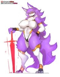 1girls animal_ears anthro big_breasts breasts female female_only furry girlsay long_hair purple_fur purple_hair rae_(girlsay) red_eyes solo solo_female sword tagme thong wide_hips