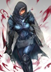 1girls armor attacking_viewer big_breasts black_knife_assassin black_knife_tiche blue_eyes clothing elden_ring female female_only fromsoftware hair_over_one_eye knife light-skinned_female looking_at_viewer solo sword tight_clothing warrior weapon yujieai