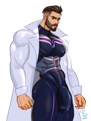 beard big_bulge blueboybara bodysuit bulge clothed coat hairy looking_at_viewer male_only muscles muscular muscular_male nipples_visible_through_clothing pectorals penis_outline pokemon pokemon_sv professor_turo skin_tight skintight