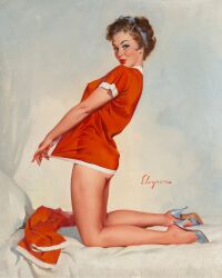 1960s 1963 1girls 20th_century 60s ass blue_eyes breasts brown_hair female female_only gil_elvgren high_heels lipstick looking_at_viewer nipple_bulge on_knees original painting_(artwork) pinup pinup_girl realistic solo straight_hair thighs traditional_media_(artwork) vintage