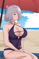 1girls afimaki beach beach_blanket beach_umbrella bikini biting_lip boob_window breasts cleavage cloud clouds cloudy_sky danganronpa danganronpa_3 danganronpa_s:_ultimate_summer_camp gray_hair kimura_seiko large_breasts lipstick older_female one-piece_swimsuit one_eye_covered purple_eyes purple_swimsuit sand sea seaside sky straight_hair swimsuit thick_thighs thighhighs umbrella