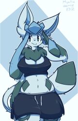 animal_ears anthro anthrofied big_breasts blue_fur blush breasts cleavage ear_piercing eeveelution female fur furry furry_only glaceon green_eyes mystic_waffle nintendo pokémon_(species) pokemon pokemon_(species) tagme tail thick_thighs