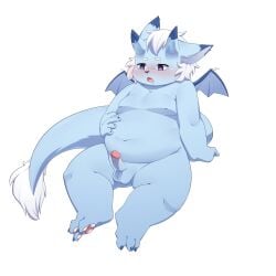 <3_eyes absurd_res anthro belly belly_rub big_ears blue_body blue_fur bodily_fluids cugi_the_dragon dragon erection feet fur genital_fluids genitals heart hi_res humanoid_genitalia inverted_nipples looking_pleasured male moobs navel nipples pawpads paws precum sitting slightly_chubby solo solo_focus tolild weight_gain white_body white_fur wings