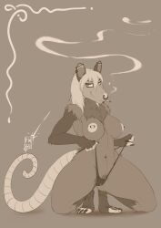 absurd_res anthro breasts cigarette clothing crouching didelphid ear_piercing female genitals hair hi_res looking_at_viewer mammal marsupial munsu89 nipple_piercing nipples panties piercing pulling_panties pussy smoking solo underwear