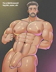 aledraws19 beard big_penis flaccid huge_cock male_only muscles muscular muscular_male nude pokemon pokemon_sv professor_turo uncut